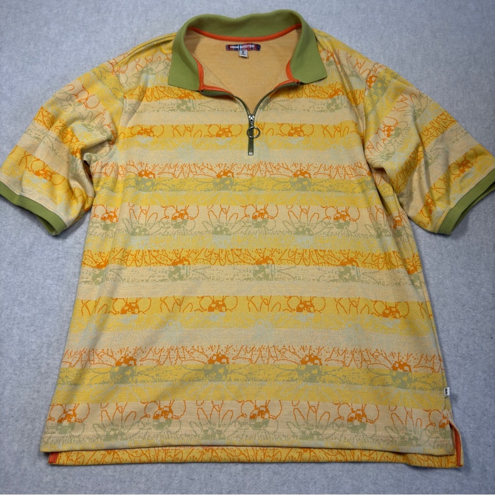 Urban Outfitters Orange and Green Floral Polo Shirt with Quarter-Zip